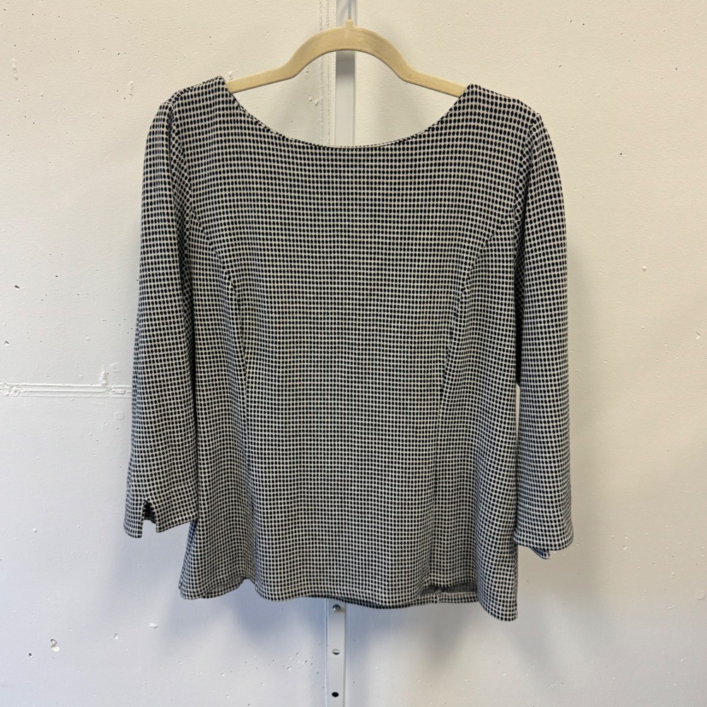 Talbots‎ Jacquard Dotted Knit Top 3/4 Sleeve Button Back Blouse Black White
